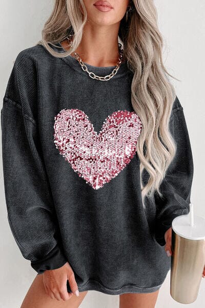 Heart Sequin Round Neck Sweatshirt - Sydney So Sweet