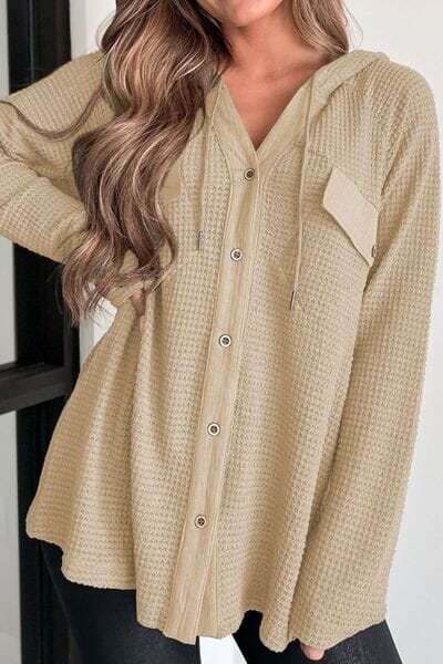 Waffle-Knit Button Up Drawstring Hoodie - Sydney So Sweet