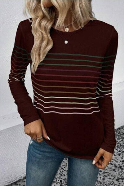 Striped Round Neck Long Sleeve Top - Sydney So Sweet