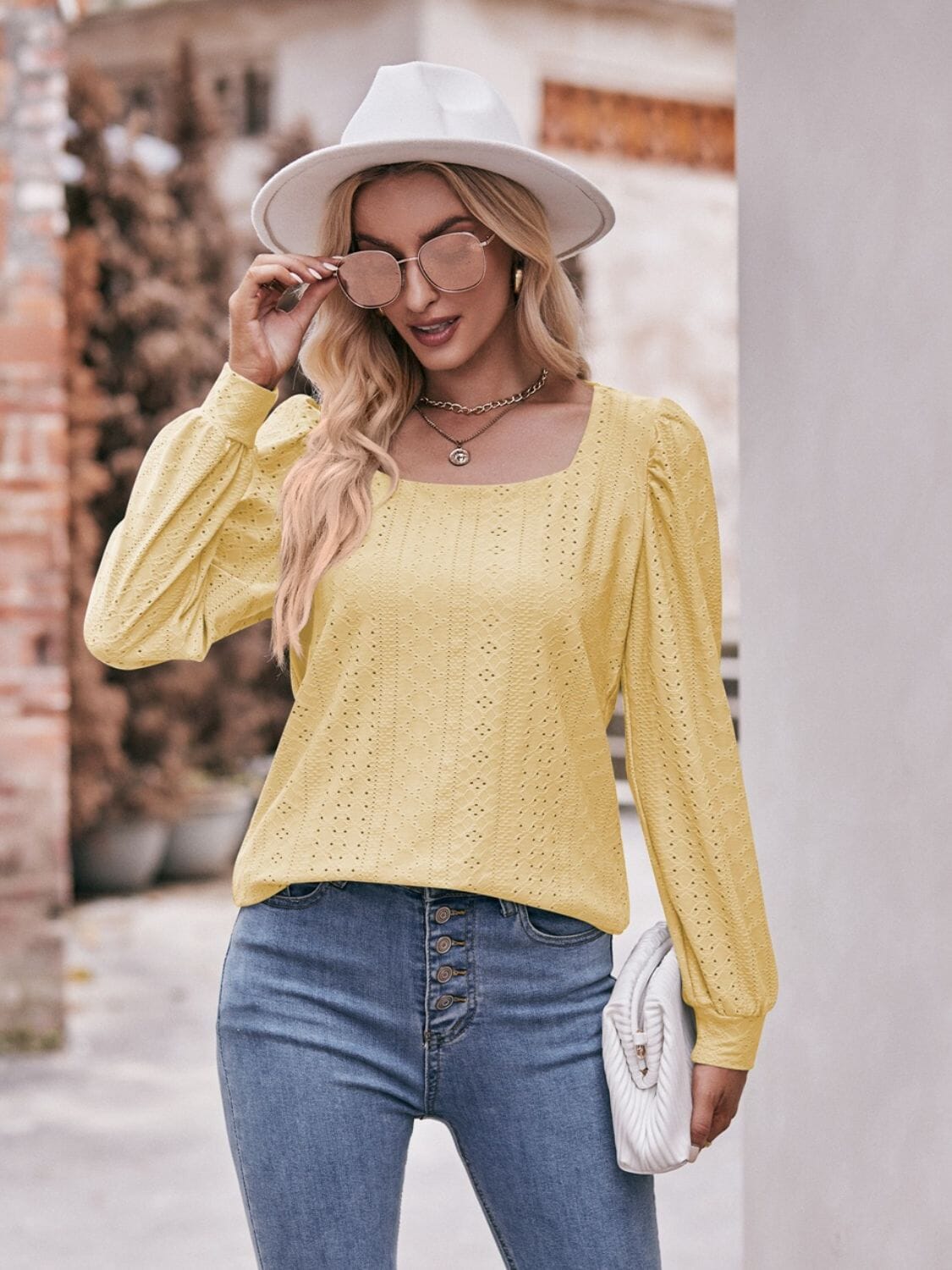 Eyelet Square Neck Puff Sleeve Blouse - Sydney So Sweet