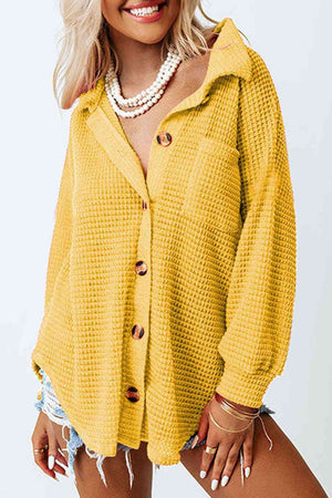 Waffle-Knit Button Up Long Sleeve Shirt with Pocket - Sydney So Sweet