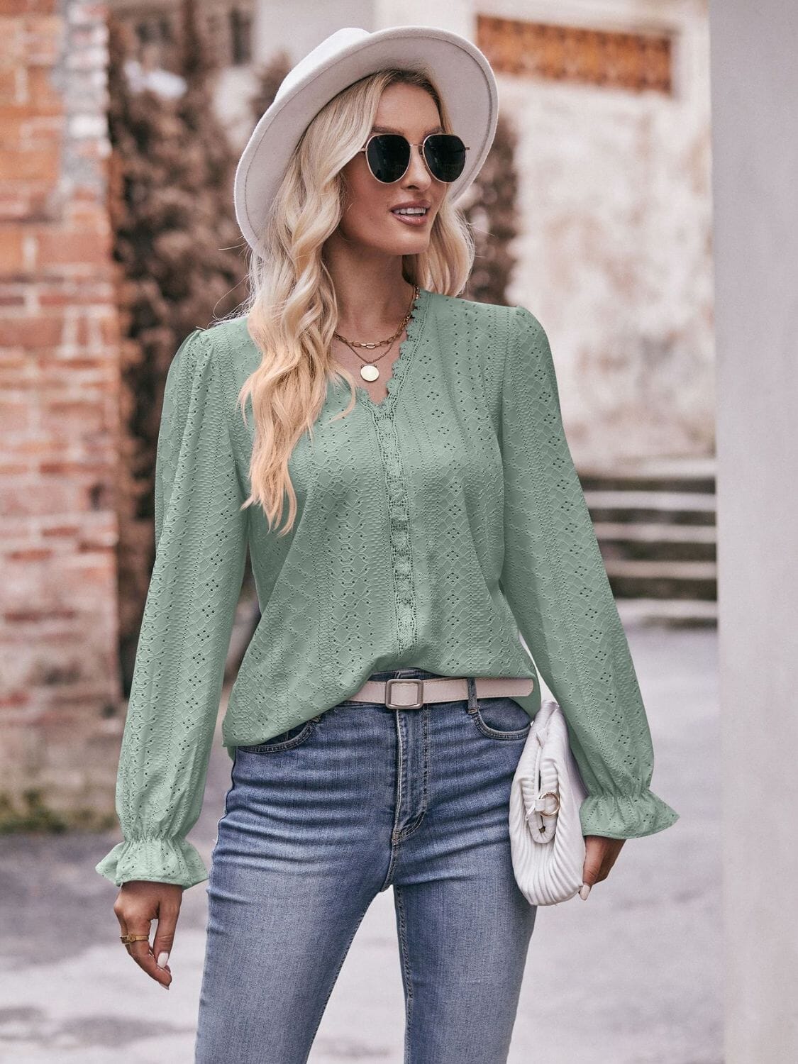 Eyelet V-Neck Flounce Sleeve Blouse - Sydney So Sweet