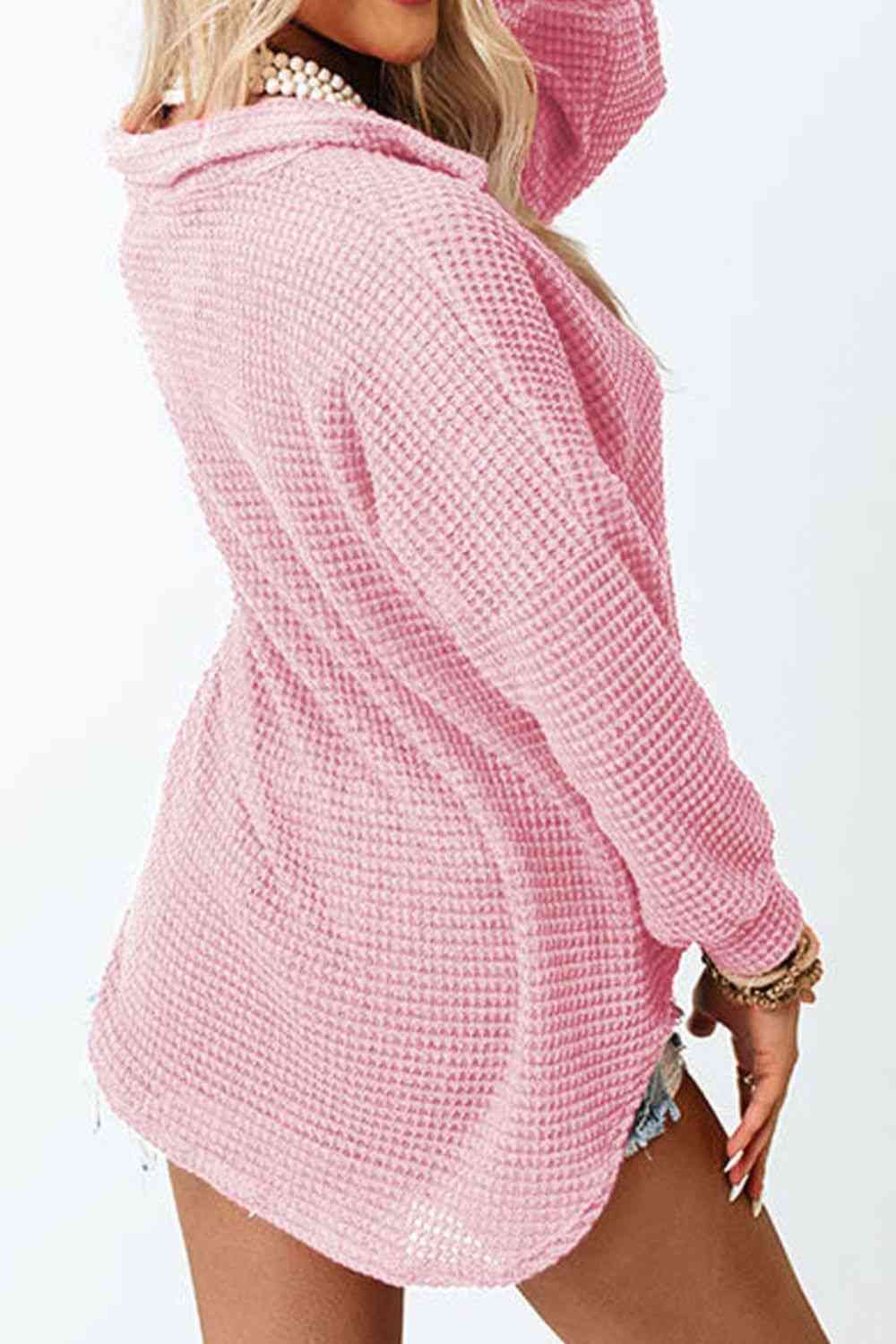 Waffle-Knit Button Up Long Sleeve Shirt with Pocket - Sydney So Sweet