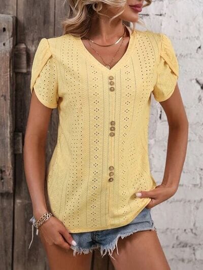 Eyelet V-Neck Petal Sleeve T-Shirt - Sydney So Sweet