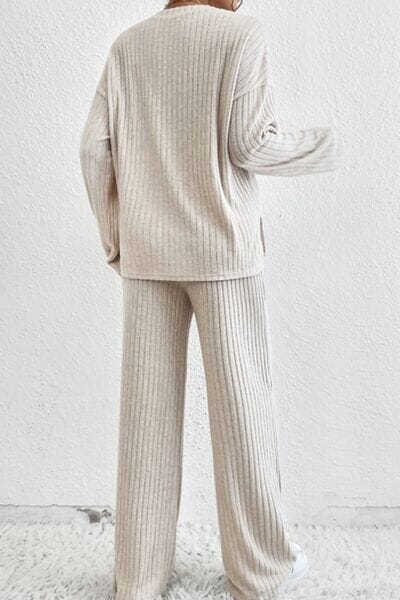 Ribbed Half Button Knit Top and Pants Set - Sydney So Sweet