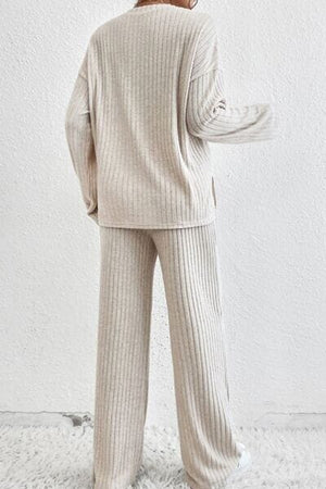 Ribbed Half Button Knit Top and Pants Set - Sydney So Sweet