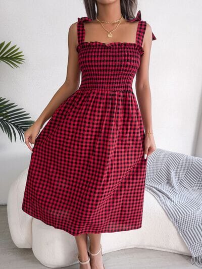 Frill Plaid Square Neck Midi Dress - Sydney So Sweet