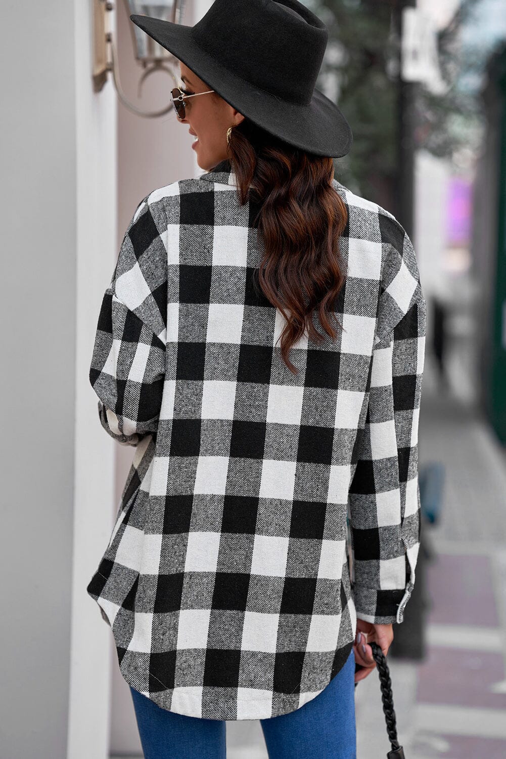 Plaid Curved Hem Dropped Shoulder Longline Shirt Jacket - Sydney So Sweet