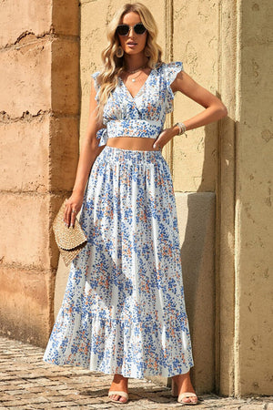 Printed Tie Back Cropped Top and Maxi Skirt Set - Sydney So Sweet