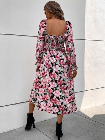 Slit Smocked Floral Flounce Sleeve Dress - Sydney So Sweet