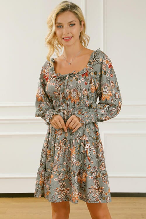 Printed Smocked Lantern Sleeve Tiered Dress - Sydney So Sweet