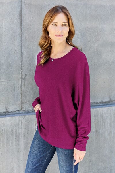 Double Take Full Size Round Neck Long Sleeve Top - Sydney So Sweet