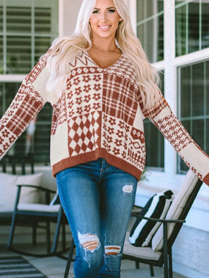 Pattern Block Brown and Cream V-Neck Long Sleeve Sweater - Sydney So Sweet