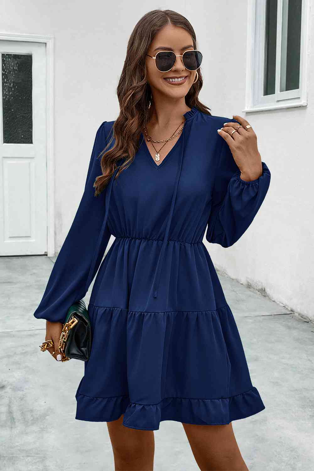 V-Neck Tie Neck Long Sleeve Dress - Sydney So Sweet