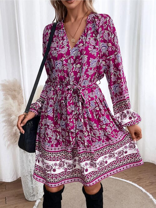 Floral Tie Neck Balloon Sleeve Dress - Sydney So Sweet