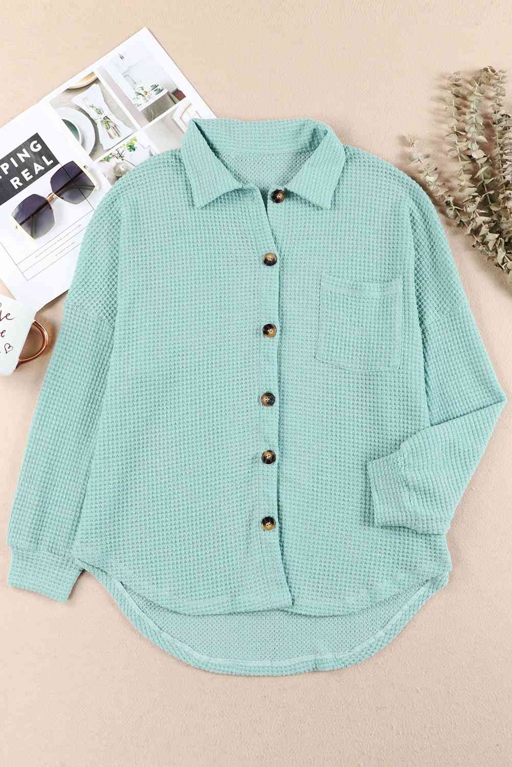 Waffle-Knit Button Up Long Sleeve Shirt with Pocket - Sydney So Sweet