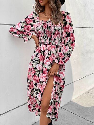 Slit Smocked Floral Flounce Sleeve Dress - Sydney So Sweet