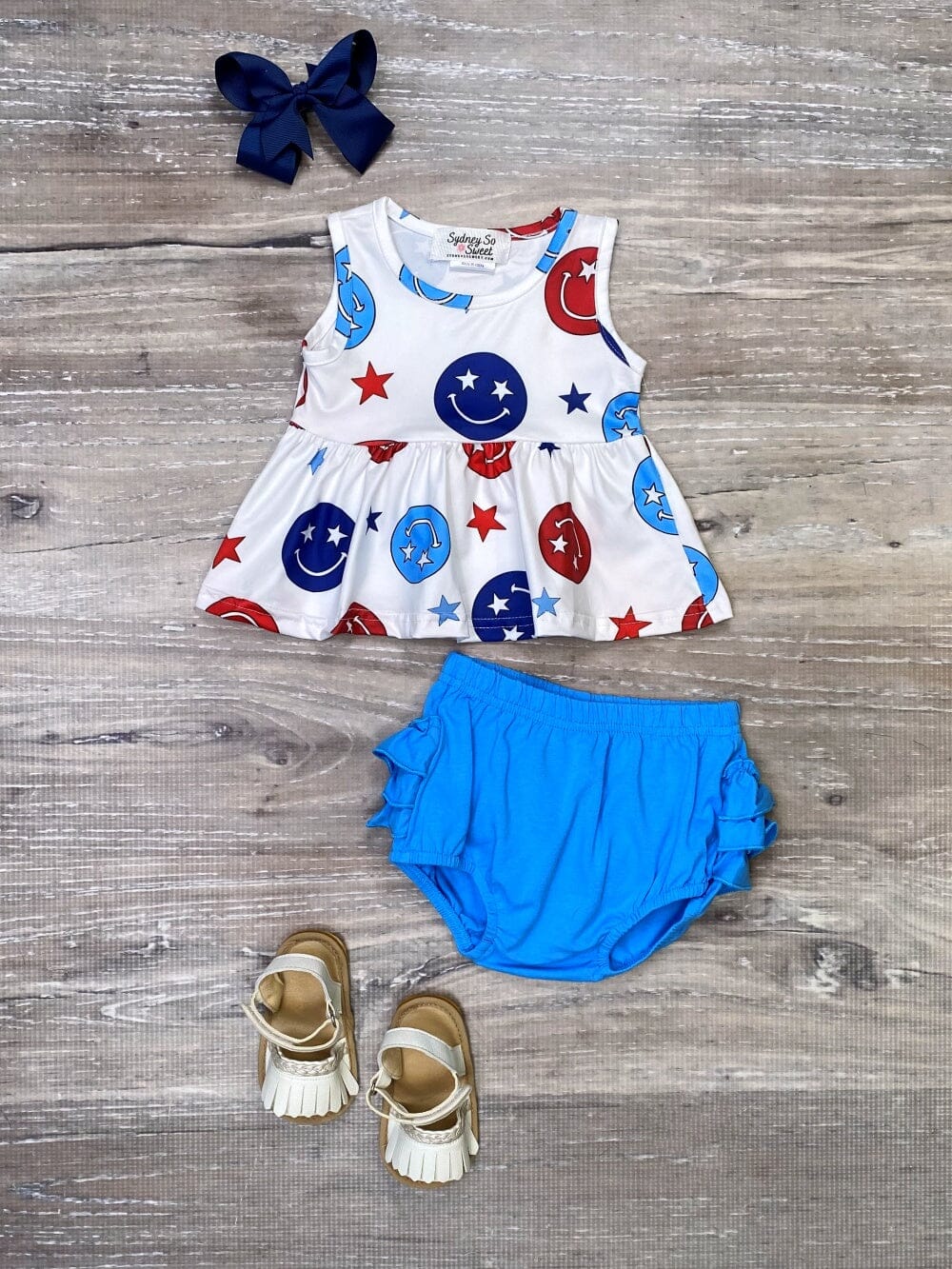 American Babe Smiley Face Blue 4th Of July Patriotic Baby Girls Bloomer Set - Sydney So Sweet