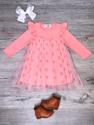 Baby Pink Hearts Tulle Chiffon Ruffle Girls Dress - Sydney So Sweet