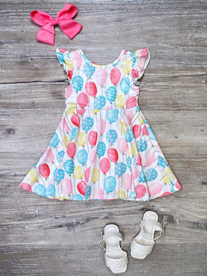 Balloon Party Blue & Pink Flutter Sleeve Girls Birthday Dress - Sydney So Sweet