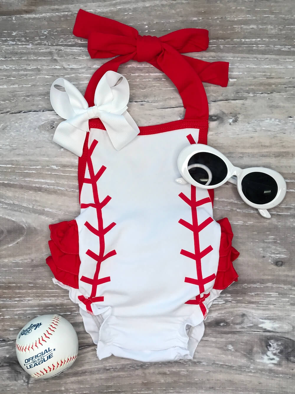 Baseball Stitch Red Halter Bubble Baby Romper - Sydney So Sweet