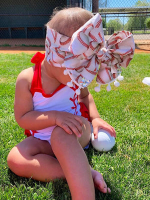 Baseball Stitch Red Halter Bubble Baby Romper - Sydney So Sweet