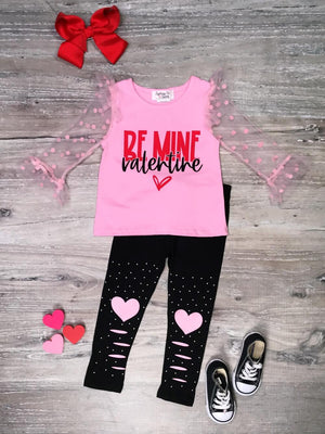 Be Mine Valentine Pink Heart Knee Patch Girls Valentine's Day Outfit - Sydney So Sweet