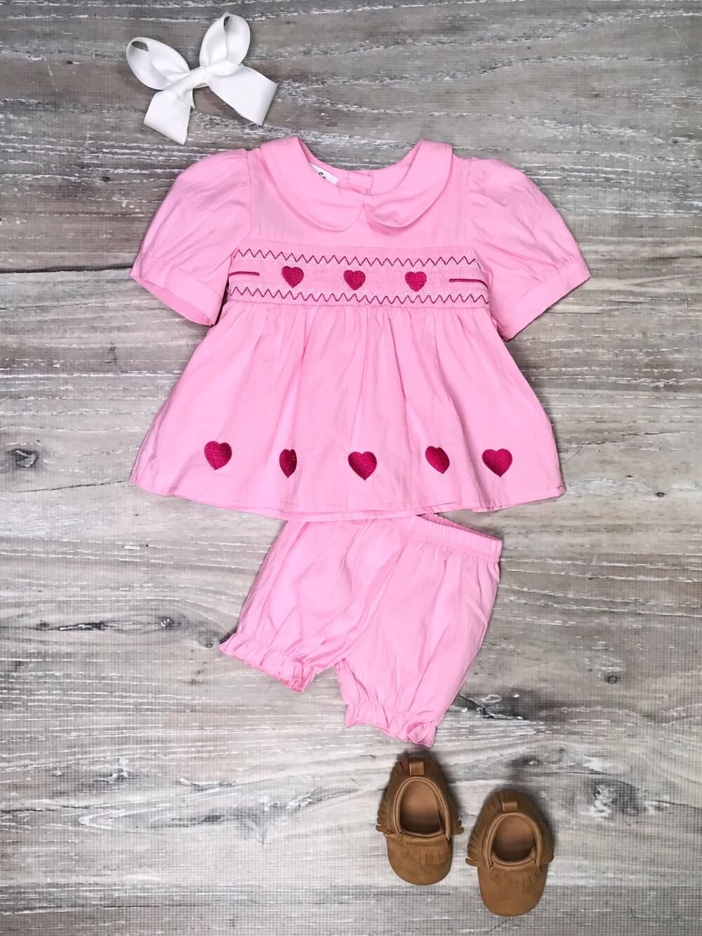 Believe In Love Pink Heart Smocked Collar Baby Girls Outfit - Sydney So Sweet