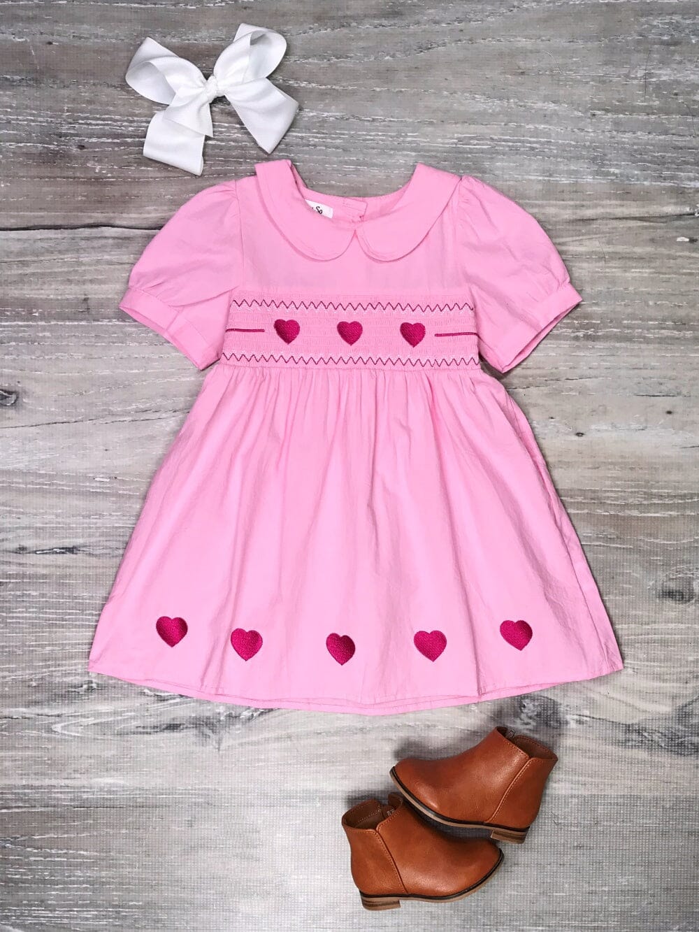 Believe In Love Pink Heart Smocked Collar Girls Dress - Sydney So Sweet