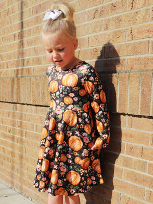 Pumpkin Vines Floral Long Sleeve Girls Fall Skater Dress - Sydney So Sweet