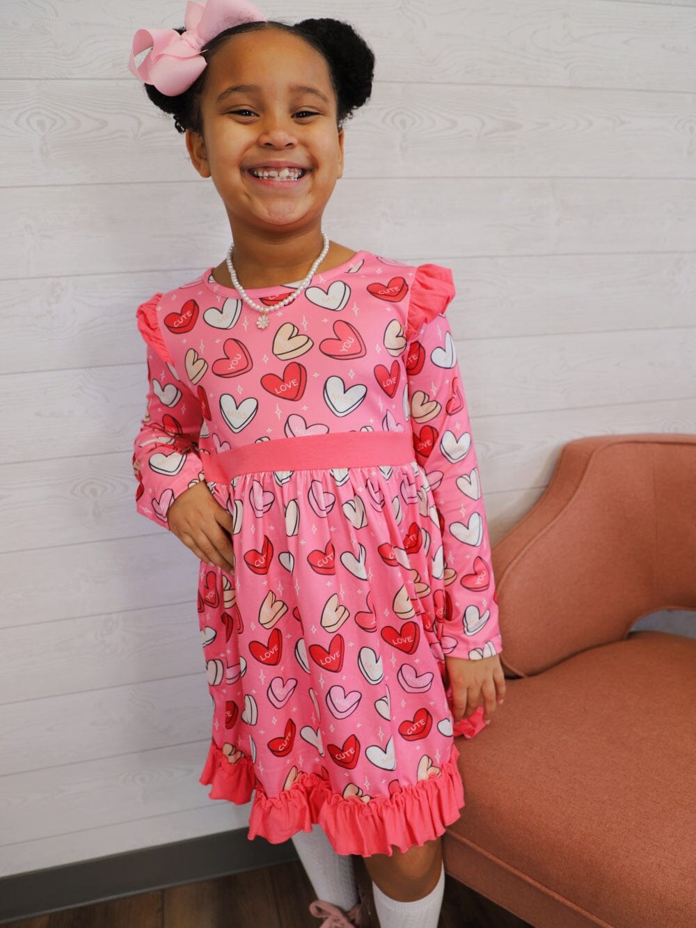 Love You Cute Candy Hearts Pink Ruffle Girls Valentine's Day Dress - Sydney So Sweet