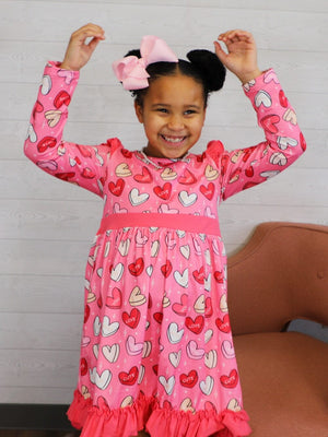 Love You Cute Candy Hearts Pink Ruffle Girls Valentine's Day Dress - Sydney So Sweet