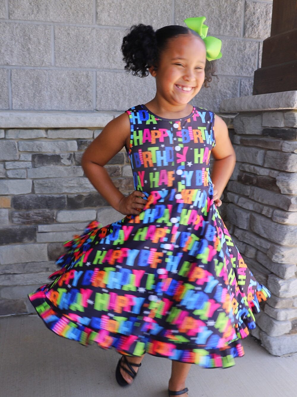 Happy Happy Birthday Rainbow Black Tank Girls Skater Dress - Sydney So Sweet