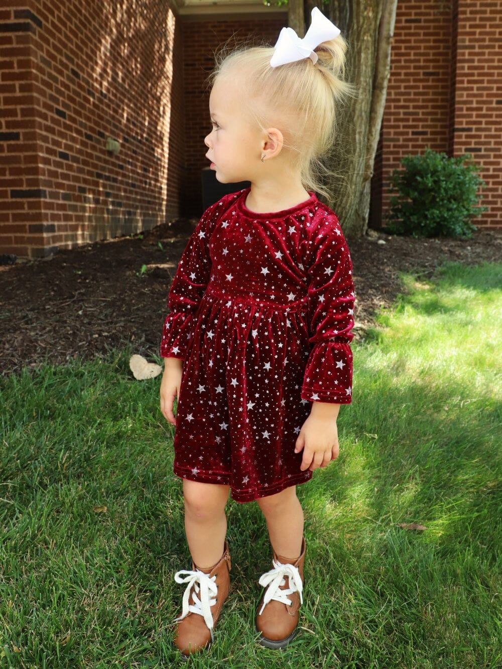 Burgundy Starry Night Velvet Flare Girls Dress - Sydney So Sweet