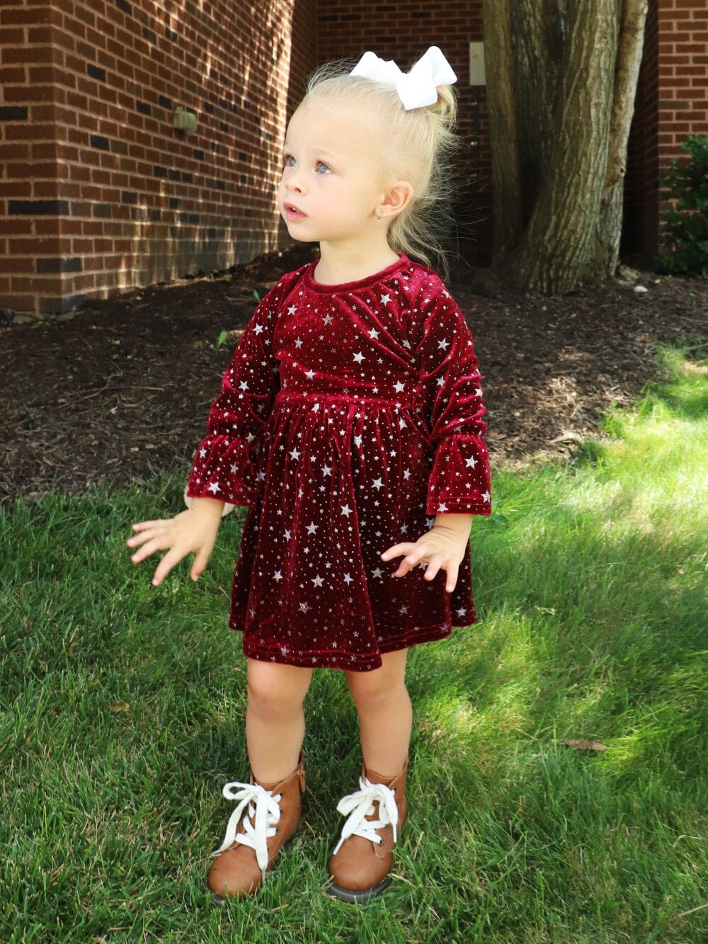 Burgundy Starry Night Velvet Flare Girls Dress - Sydney So Sweet