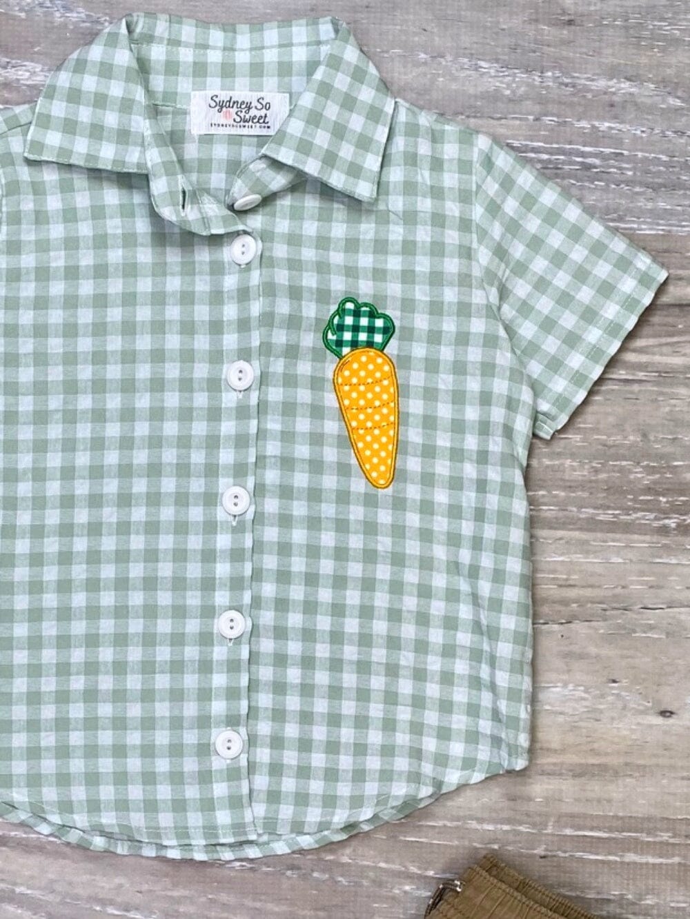 Carrot On Green Gingham Button Up Short Sleeve Boys Easter Top - Sydney So Sweet