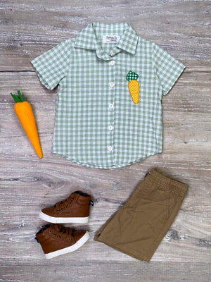 Carrot On Green Gingham Button Up Short Sleeve Boys Easter Top - Sydney So Sweet