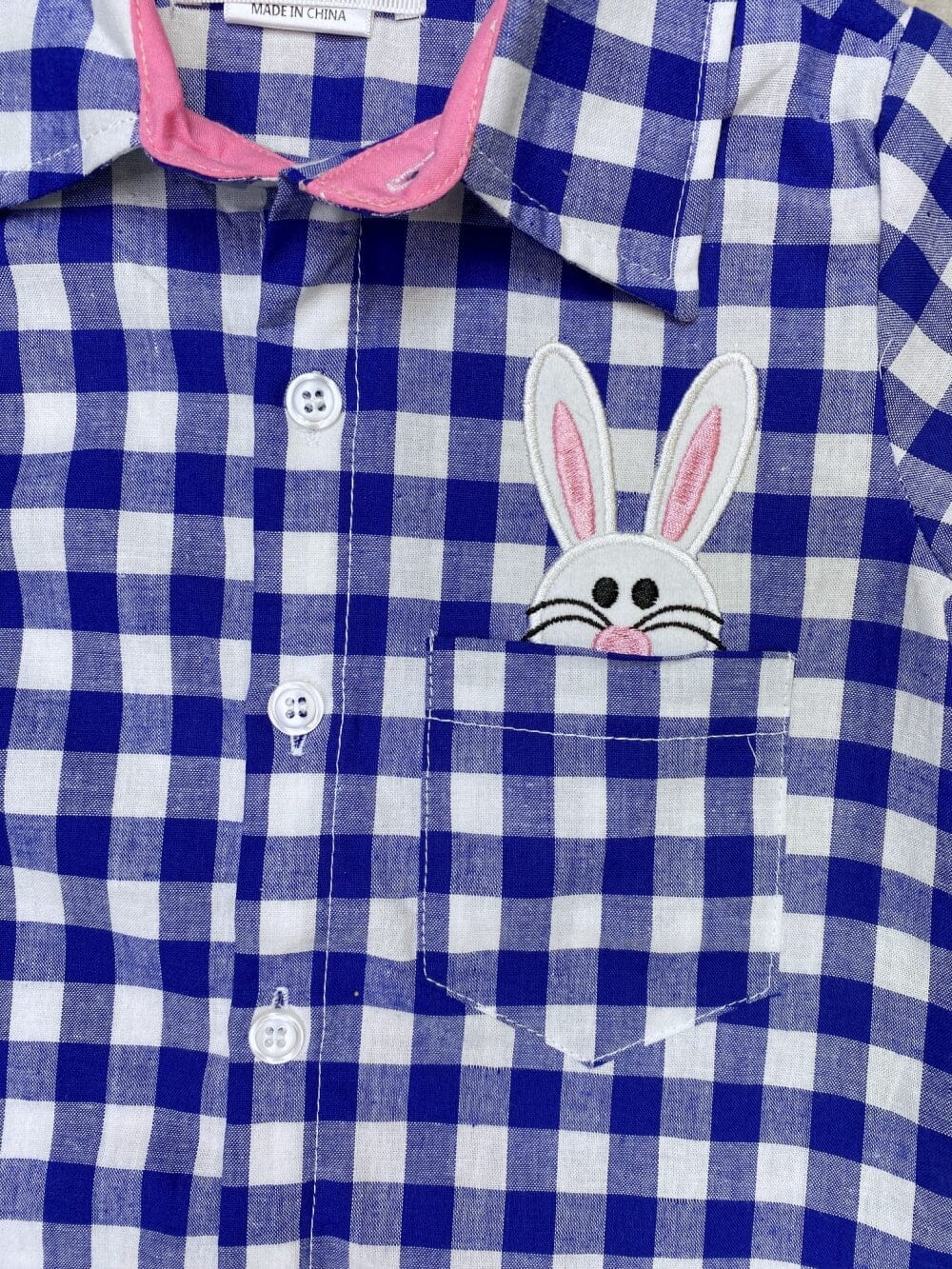 Cool Bunny Blue Gingham Button Up Short Sleeve Boys Easter Top - Sydney So Sweet