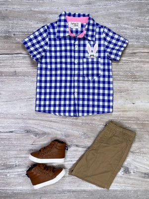 Cool Bunny Blue Gingham Button Up Short Sleeve Boys Easter Top - Sydney So Sweet