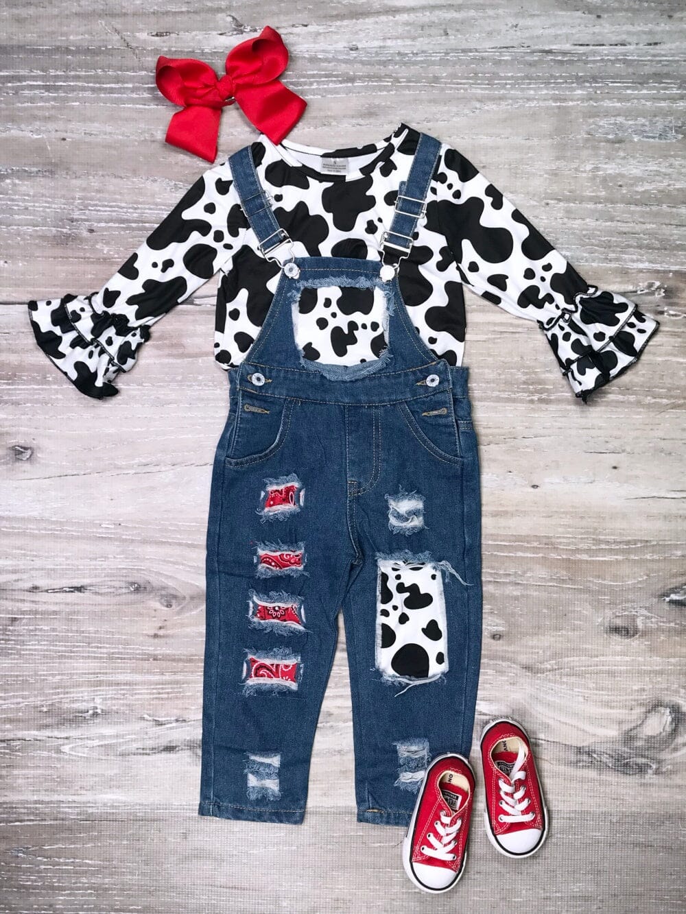 Gone Country Cow Print Red Sequin Patch Girls Denim Overalls - Sydney So Sweet