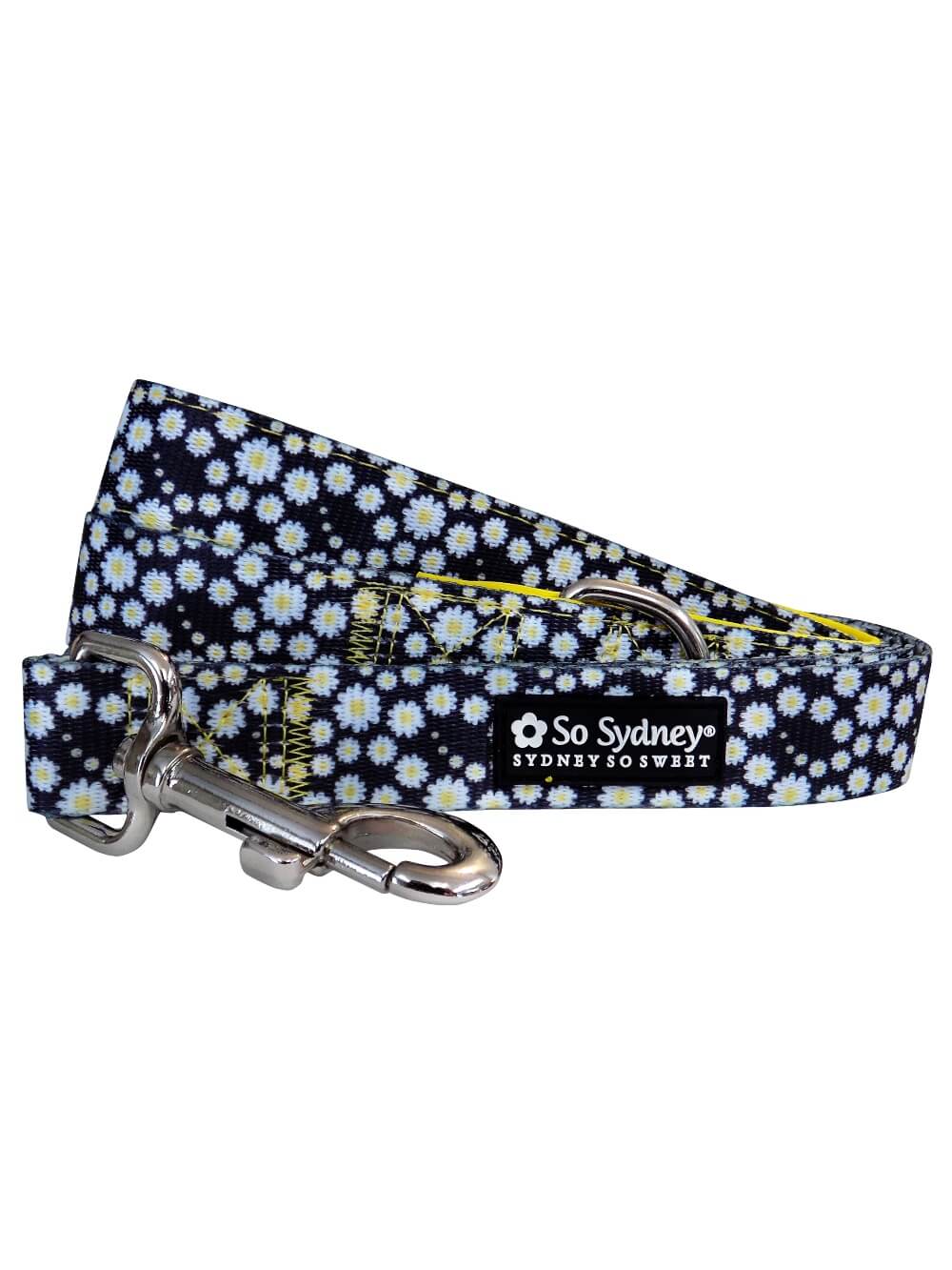 Yellow Daisy Black Flower 5&#39; Designer Nylon Dog Leash - Sydney So Sweet