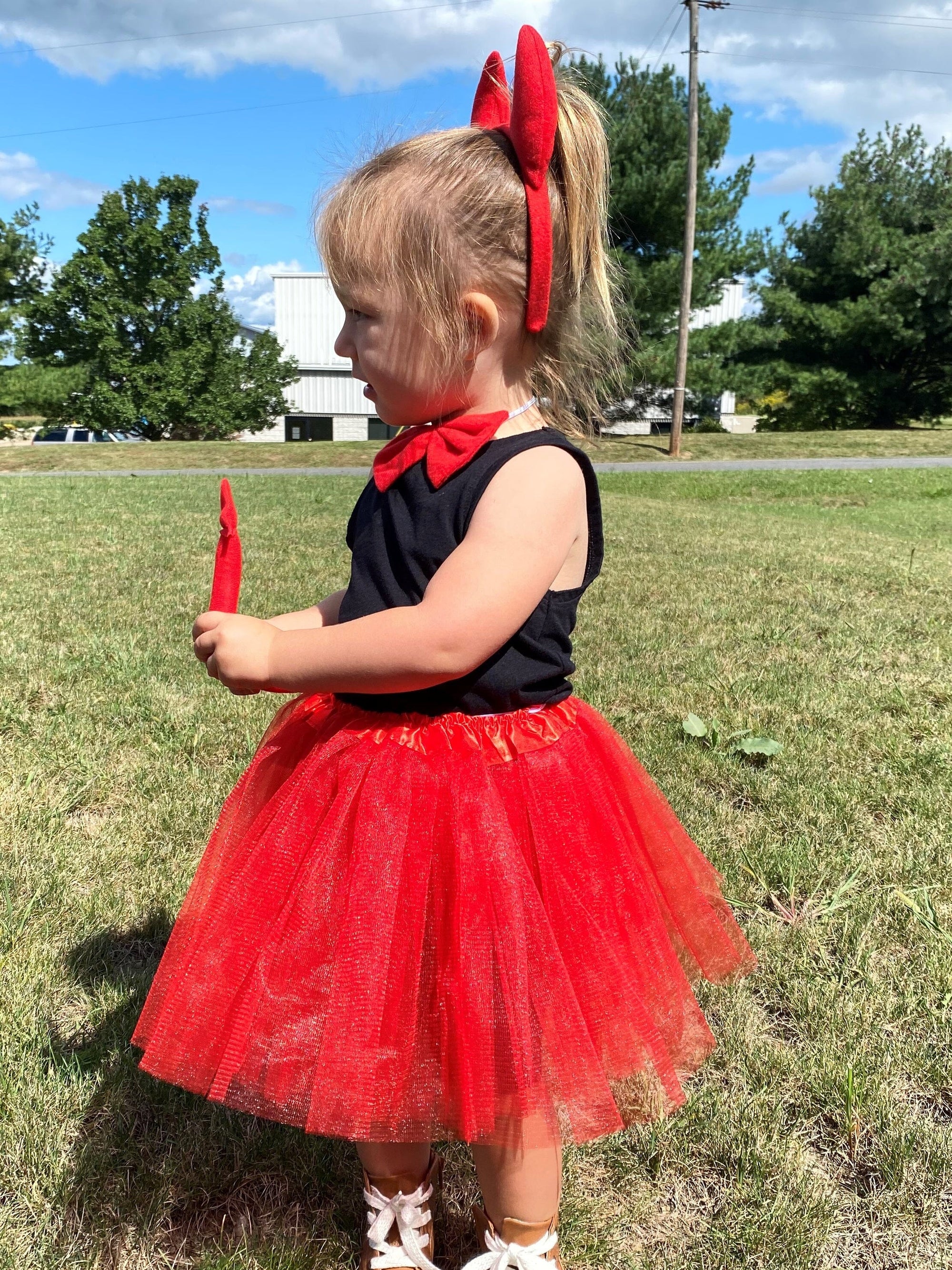 Girls Red Devil Costume - Complete Kids Costume Set with Tutu, Horns, Bow Tie, & Tail - Sydney So Sweet