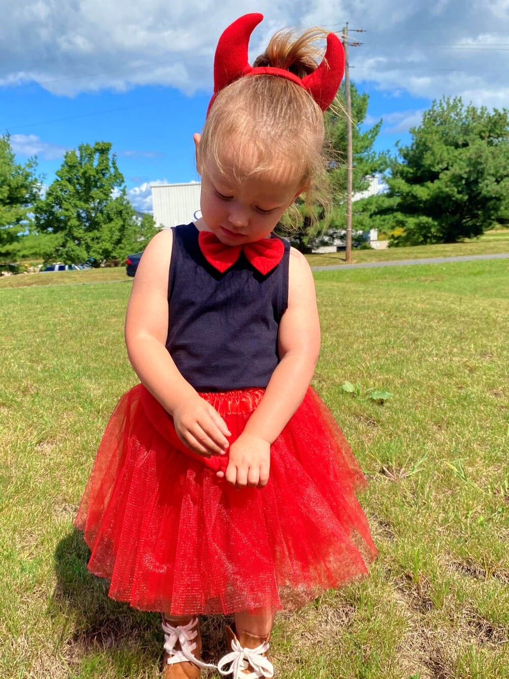 Girls Red Devil Costume - Complete Kids Costume Set with Tutu, Horns, Bow Tie, & Tail - Sydney So Sweet