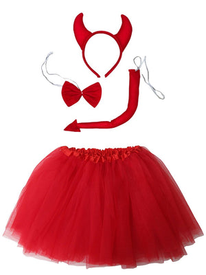 Girls Red Devil Costume - Complete Kids Costume Set with Tutu, Horns, Bow Tie, & Tail - Sydney So Sweet