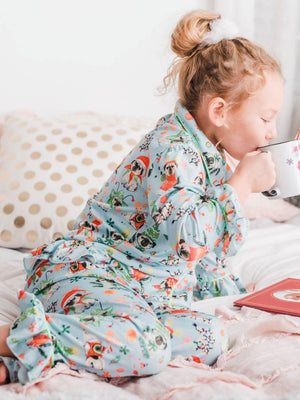 Happy Paw-lidays Christmas Pug Ruffle Button Up Girls Pajamas - Sydney So Sweet
