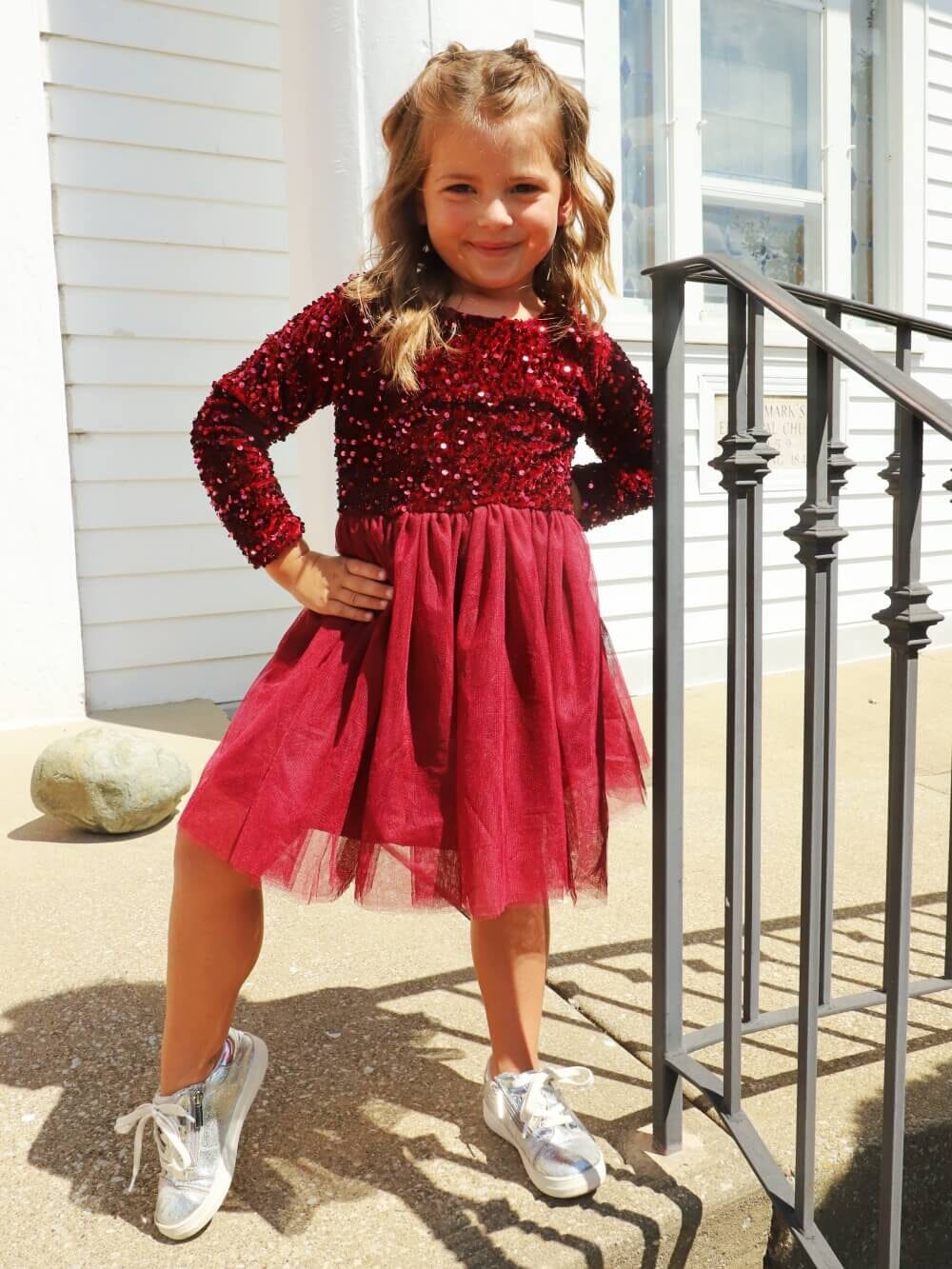 Burgundy Sequin Velvet Tulle Chiffon Girls Special Occasion Tutu Dress - Sydney So Sweet