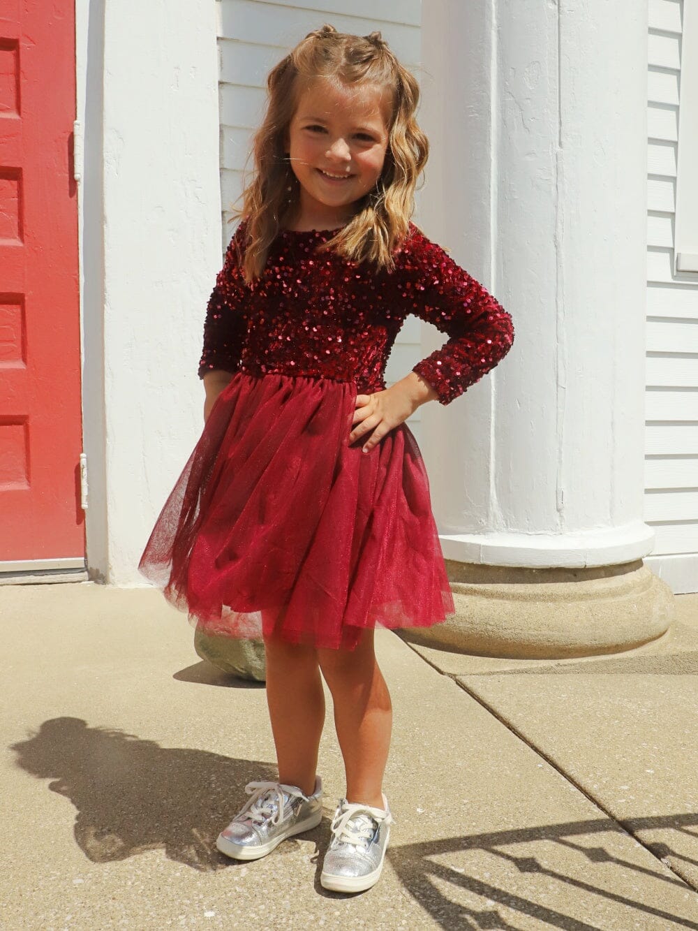 Burgundy Sequin Velvet Tulle Chiffon Girls Special Occasion Tutu Dress - Sydney So Sweet