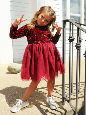 Burgundy Sequin Velvet Tulle Chiffon Girls Special Occasion Tutu Dress - Sydney So Sweet