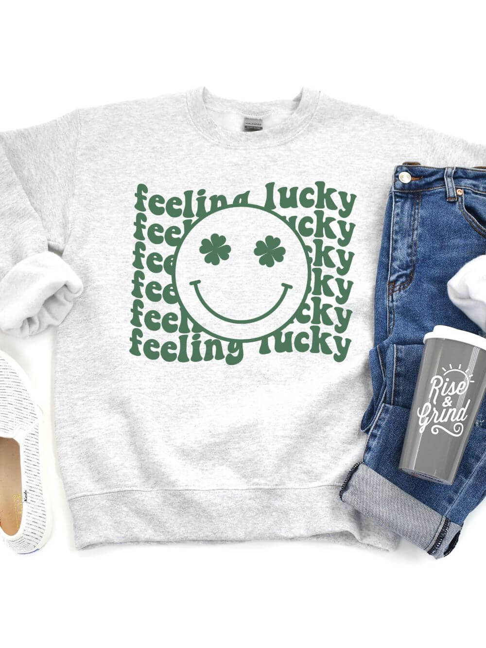 Feeling Lucky Smiley Face Shamrock St. Patrick's Day Unisex Heavy Blend™ Crewneck Sweatshirt - Many Colors - Sydney So Sweet