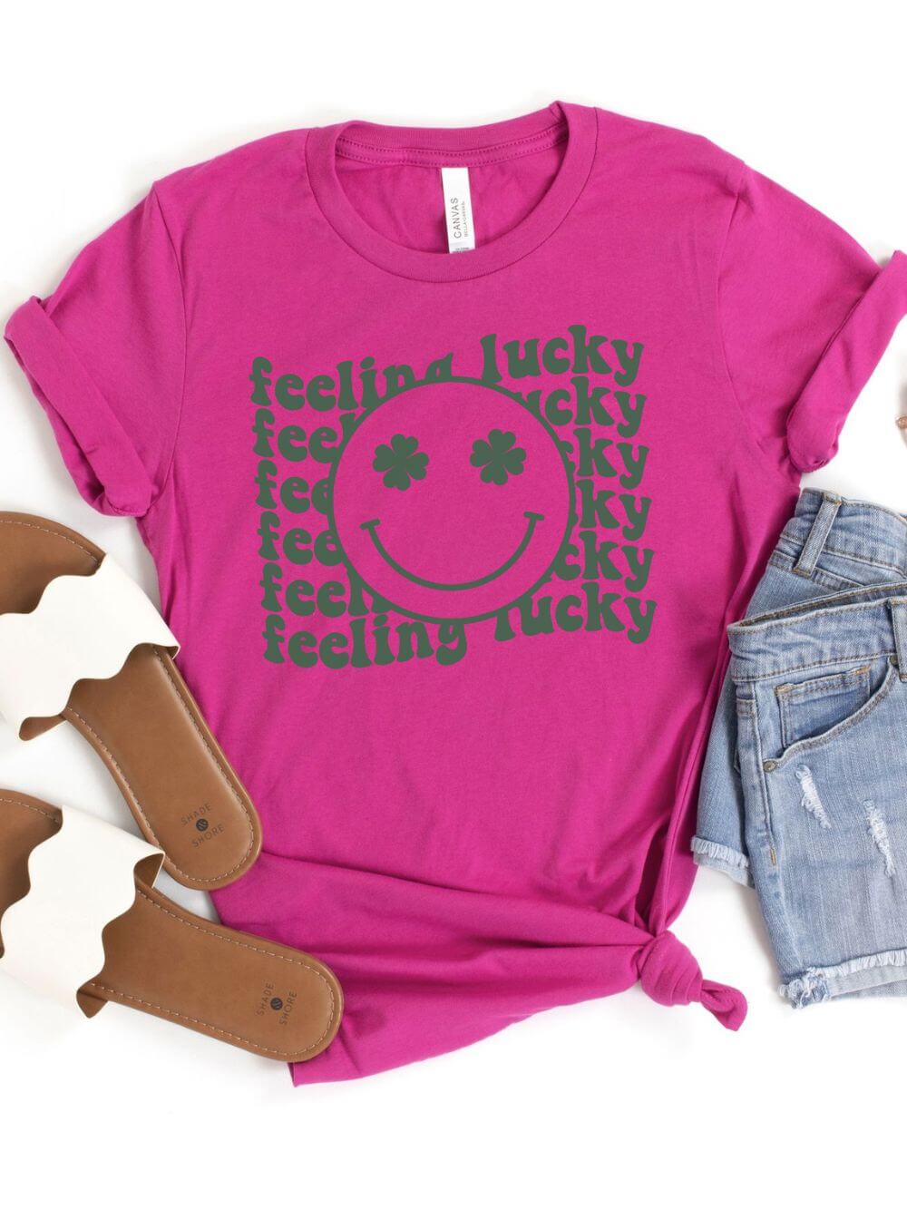 Feeling Lucky St. Patrick's Day Shamrock Smile Face T-Shirt Bella + Canvas Unisex Jersey Short Sleeve Tee - Sydney So Sweet